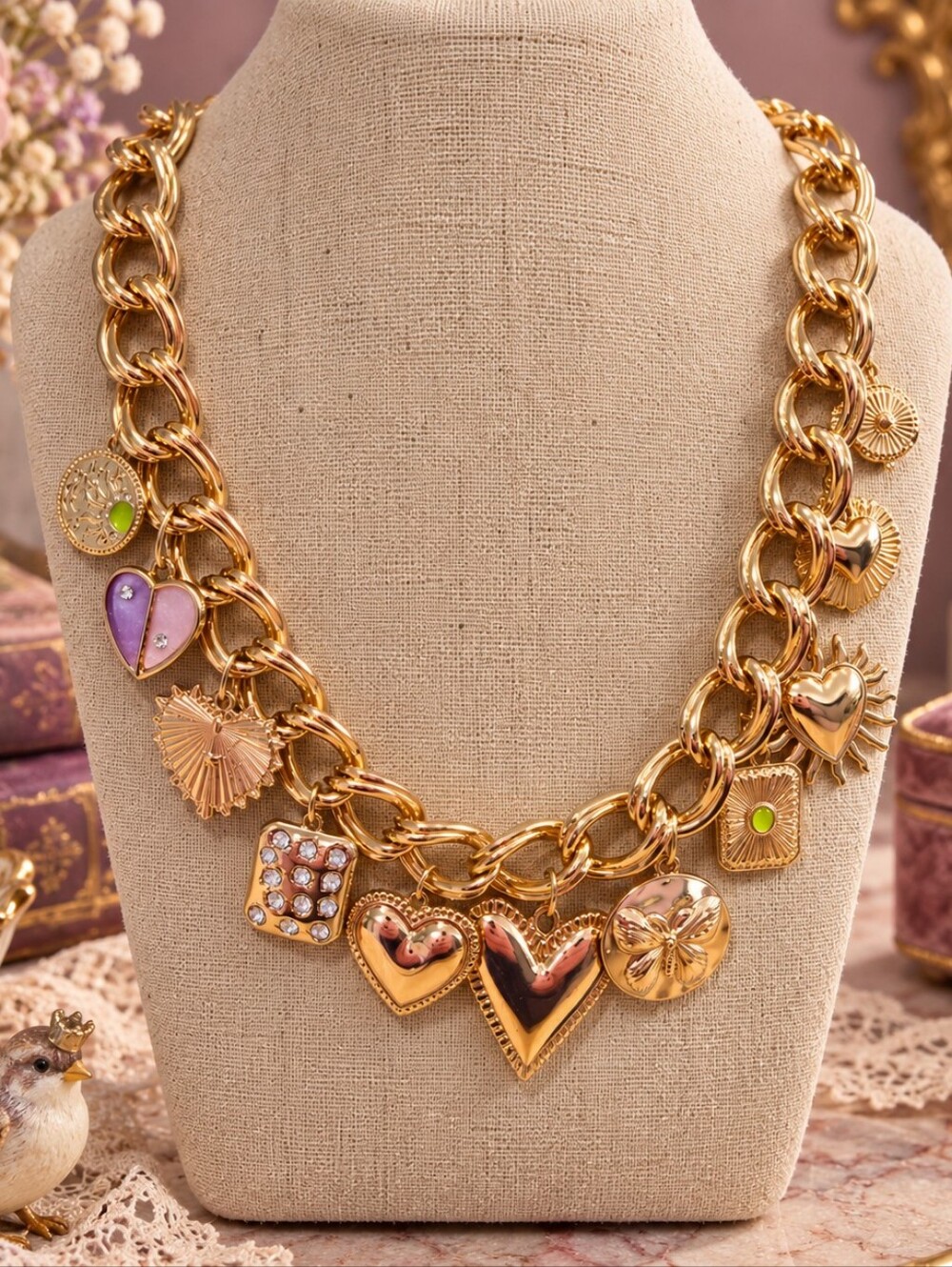 Park Lane Gold Tone Chunky Heart Charm Statement Necklace – 20”